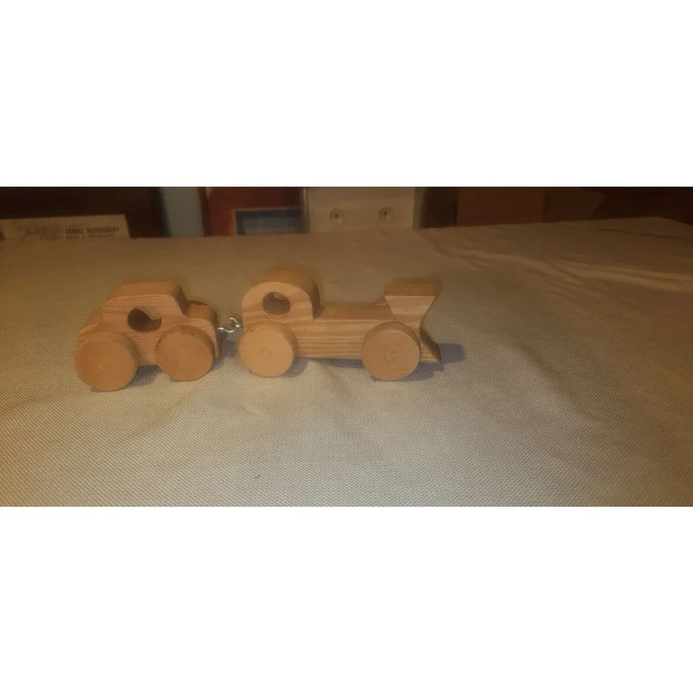 Vintage Handmade Wooden Train Locomotive and Car Signed
